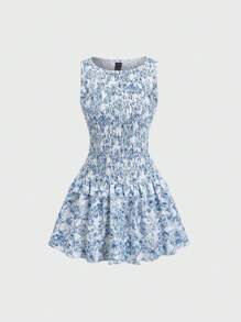 Sweetra Spring/Summer Ditsy Floral Elastic Waist Short Dress For Women