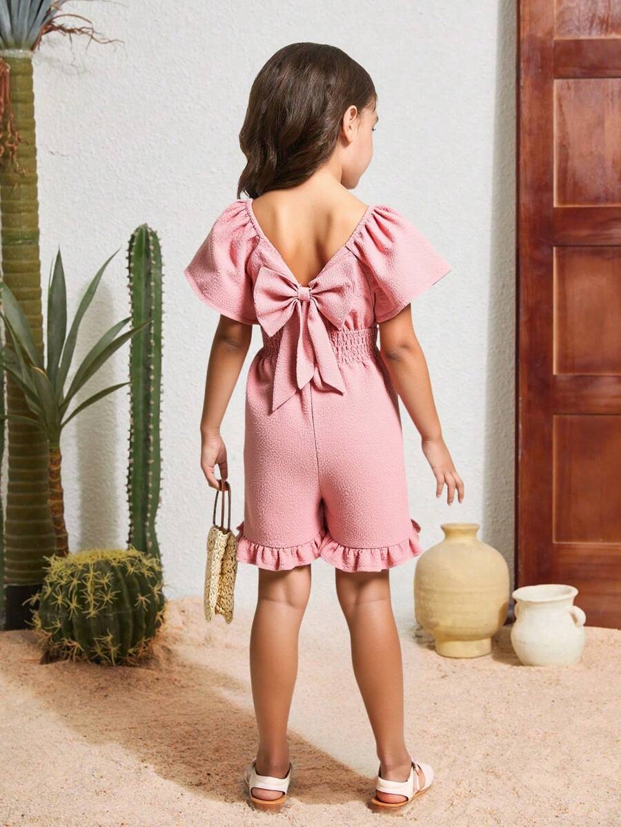 Young Girl 3D Bow Backless Jumpsuit, Off Shoulder & Conventional Styles - Pink - View 1