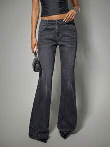 SHEIN Forever 21 Spring&Summer Women Valentine Day/Casual/Vintage/Festival/Country Concert/Brunch/Homecoming/Easter/Guest/Tea Party/Basic/Concert Women/Prom /Wedding/Rave Festival/Formal/Cowgirl/Western/Cocktail Jeans/Club/Spring/Birthday/Cute/Classy/Going Out/Straight Leg Jeans/Vacation/Blue Washed/Low Rise/Bell Bottom Jeans/Y2k/Flared Jeans - Black - View 4