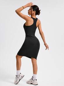 Easithlete Abito sportivo aderente da donna con scollo quadrato e senza maniche, abito aderente - nero - Visualizzare 2