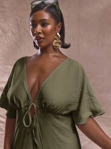 MUSERA Vestido largo de verano con cuello en V, mangas cortas y lazo frontal, talla grande, diseño elegante y lindo para vacaciones, ocasiones especiales y estilo de Ibiza