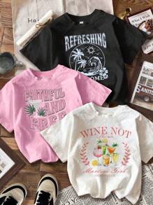 Muchica EZwear 3 Pieces Set Casual Simple Cocktail Martini Glass Seaside Vacation Coconut Tree Hibiscus Flower Slogan Spring Break Pattern Round Neck Short Sleeve Tight Short T-Shirt Women's Summer - Multicolor - View 8