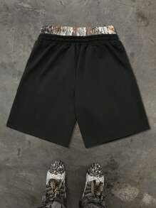 PAVTROS 男士夏季休闲拼色腰带字母刺绣抽绳短裤 - 黑色 - 查看 2