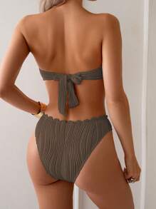 SHEIN Swim 2 件套 Springbreak 海滩纯色比基尼套装，女式露背吊带贝壳边泳衣 - 卡其色 - 查看 2