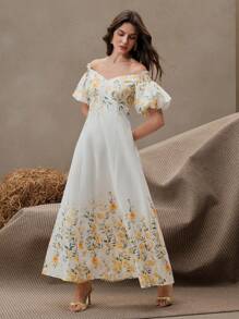 Anewsta Vestido casual de verano de mujer con mangas abullonadas, cintura ceñida y estampado floral, elegante para el verano, festivales, vacaciones