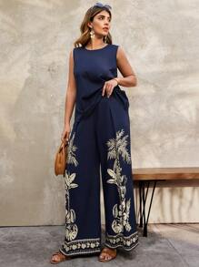 SHEIN Clasi Plus Size Women 2pcs Set, Solid Color Round Neck Sleeveless Top And Palm Tree Print Pants - Multicolor - View 4