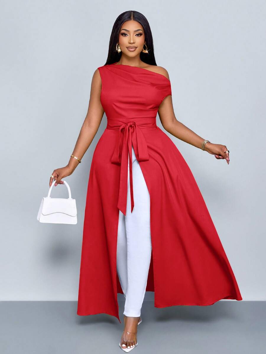 SOLERSUN Christmas Women's Plus Size Asymmetrical Neck Blouse Split Thigh Tie Front One Shoulder Shirts