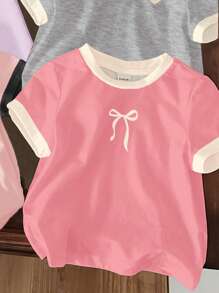 SHEIN 4pcs/Set Baby Girl Casual Minimalist Design Round Neck Short Sleeve T-Shirt, Suitable For Spring & Summer - Multicolor - View 4