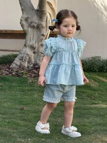 SHEIN Cute Babygirl Summer Vacation Light Blue-Green Ruffle Trim Top And Elastic Waist Shorts Set