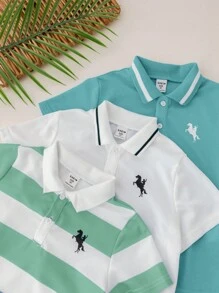 SHEIN 3 件套年轻男孩休闲运动学院风图案圆领短袖 Polo 衫套装，适合日常穿着、上学、户外活动、春夏季节 - 薄荷綠 - 查看 4
