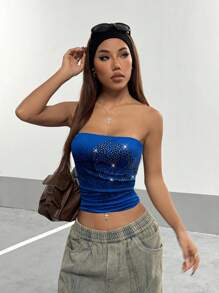 SHEIN X Lucía Bellido StreetHx 街头服饰女式水钻装饰摇滚短款吊带背心 - 藍色 - 查看 4