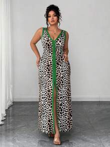 Elenzga Plus Size Leopard Print Sleeveless Deep V-Neck Low Waist Bodycon Asymmetric Collar Dress Women Dresses Birthday Women Casual Dress Women S Clothes Woman S Summer Clothes Women Summer Clothing - Multicolor - View 6