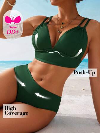 Swim DD+ 2st fast texturerat tyg Halter Neck Trådlös Dam Minimalistisk Elegant Vacation Bikini Set