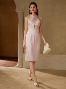 MOTF PREMIUM FLORAL APPLIQUED CRISS CROSS BACK COCKTAIL DRESS,VALENTINE'S DAY OUTFIT - Pink - View 3