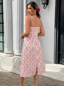 Chiquease Romantic Ditsy Floral Rose Print Lace Panel Front Tie Bow Sleeveless Fitted Midi Dress - Multicolor - View 2