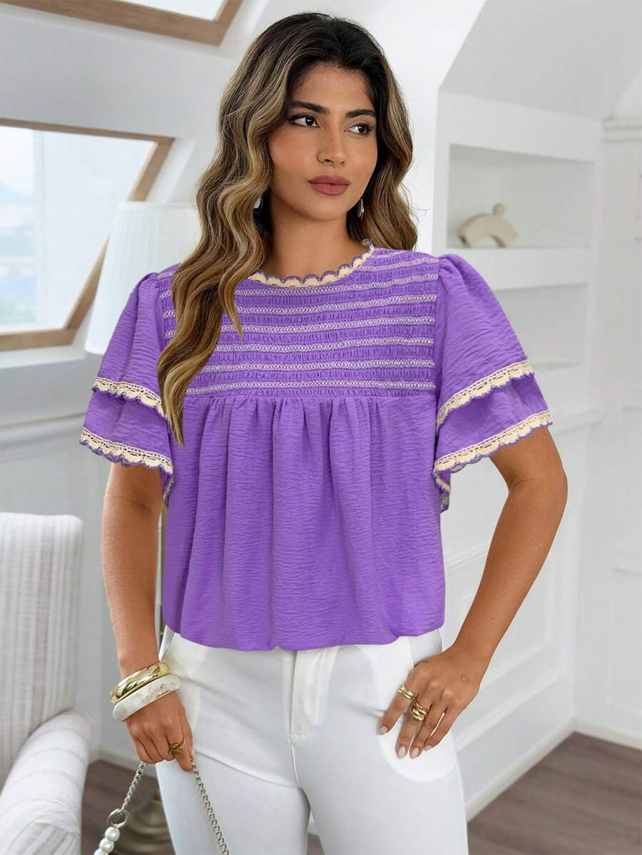 Flirla Plus Size Elegant Bohemian Style Double Layer Ruffle Trim Short Cap Sleeve Casual Blouse - Purple - View 1