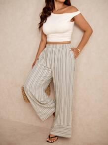 Elaquor Plus Size Striped Casual Pants, Fashionable For Summer - Black and White - View 7