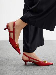 CUCCOO BIZCHIC Giày cao gót hở mũi thời trang nữ, trang trí dây xích, giày đi làm - Đỏ - Xem 5