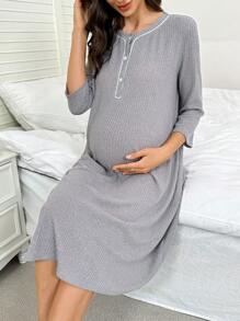 SHEIN Abito maglia premaman a v con bottoni a metà, maniche a 3/4, monocromatico, vestito casual ampio da casa