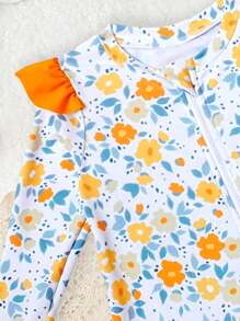 Newborn Cute Fruit Print Rash Guard Swimsuit With Hat - Yellow - View 3