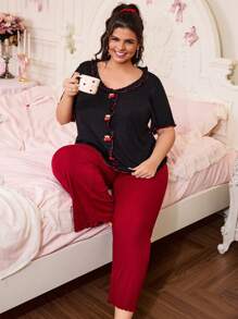 SHEIN Plus Size Color Contrast Ruffle Cherry Print Pajama Set - Multicolor - View 5