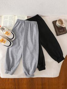 SHEIN 2pcs Young Boy Black & Gray Striped Knit Pants, Suitable For Various Occasions - Multicolor - View 2