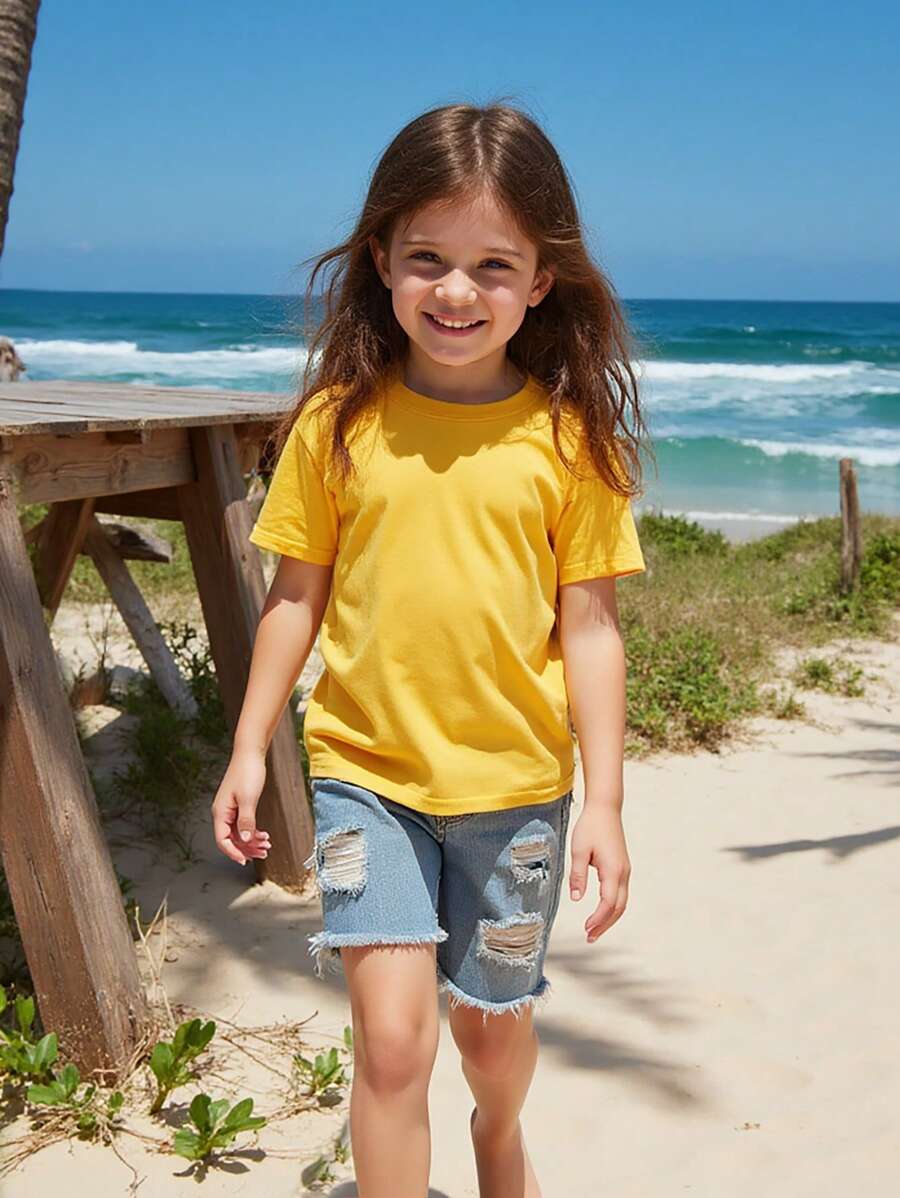 SHEIN Young Girl' Yellow Crew Neck Short Sleeve Basic T-Shirt Young Girls T Shirt Young Girls Summer T Shirt Kids - Yellow - View 1