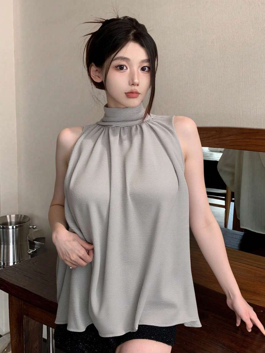 DAZY 纯色立领无袖衬衫外出上衣 - 米色 - 查看 1