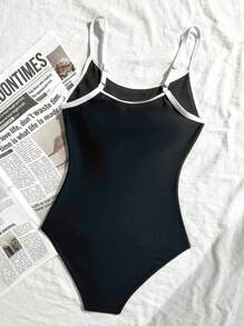 SHEIN TEENGIRL Black & White Contrast Color One-Piece Swimsuit, Minimalist One-Piece Swimwear For Beach Vacation Swim Suits For Teens One Piece Swim Suits For Teen Girl One Piece One Piece Bathing Suit For Teens One Piece Bathing Suit For Teen Bathing Suits For Teens One Piece