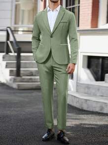 Conjunto de traje casual de chaqueta y pantalones de unicolor con cuello de solapa y manga larga para hombre - Verde - Ver 4