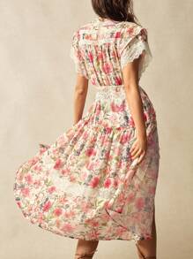 Bohemela 波西米亚风格乡村度假花卉印花撞色蕾丝女式短袖衬衫 - 白色 - 查看 6