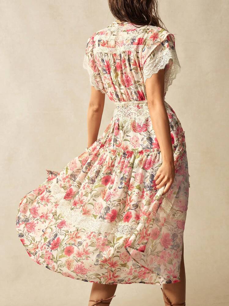 Bohemela 波西米亚风格乡村度假花卉印花撞色蕾丝女式短袖衬衫 - 白色 - 查看 6