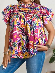 SHEIN LUNE Plus Size Ruffle Trim Casual Tops, Valentine Day Vacation Summer Going Out Tops,Business Casual,Cute Blouses,Office Beach Holiday - Multicolor - View 4