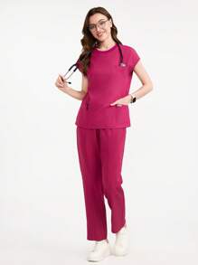 Scrubzie Women's Solid Color Round Neck Short Sleeve Pocket Casual /Nursing Scrub Top