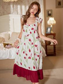 CottageSlumber Red Contrast Color Chiffon Ruffle Trim Romantic Printed Women Long Slip Dress Holiday Season - Multicolor - View 4