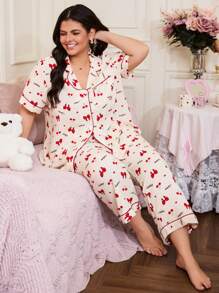 Plus Size Bow & Cherry Print Pajama Set - Multicolor - View 3