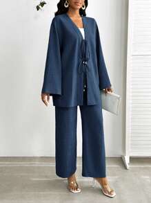 SHEIN Lady Conjunto de 2 piezas de talla grande para mujer, top de manga larga con nudo delantero y pantalones, de color azul denim sólido. Conjunto de 2 piezas de talla grande para mujer, conjunto de playa casual para mujer de negocios
