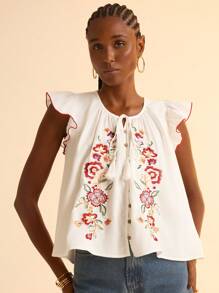 CAJUNI 女士休闲度假白色梭织刺绣盖袖撞色饰边纽扣流苏领带沙滩背心，宽松版型 - 彩色 - 查看 5