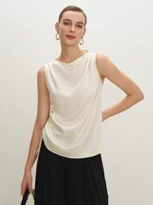 BizChic 2025年夏季新款象牙白色褶皱肩部无袖圆领女上衣，商务休闲，日常通勤，优雅海滩度假，适合婚礼嘉宾，乡村音乐节，早午餐，机场造型，90年代复古，斯德哥尔摩风格，独立日 - 杏色 - 查看 7