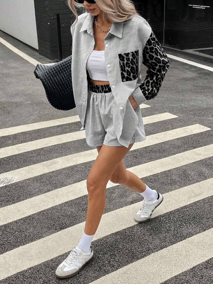 Siren Gaze Bộ áo sơ mi dài tay kẻ sọc họa tiết da báo cho nữ và quần short, Bộ áo sơ mi 2 món tối giản cổ điển cho nữ, Quần short kẻ sọc cho nữ, Áo sơ mi nữ, Áo cánh phong cách đường phố, Áo sơ mi họa tiết da báo - Đen và trắng - Xem 1