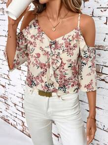 SHEIN Clasi Romantic Floral Print Off-Shoulder Ruffled Blouse, Fashionable For Summer Floral - Dusty Pink - View 5