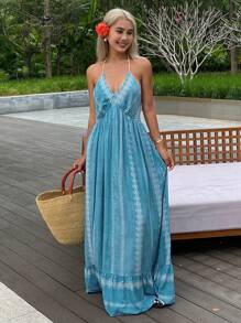 DAZY Floral Print Spaghetti Strap Backless Ruffled Dress For Women, Summer Resort Wear Vacation Outfits Women - Blue - View 4