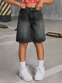 SHEIN 青少年女孩 Y2K 2000 年代复古水洗休闲高腰宽松休闲牛仔阔腿及膝牛仔裤短裤，女孩夏季服装返校街头服饰，海滩波西米亚风演唱会骑行短裤狂欢节，毕业典礼 - 黑色 - 查看 4