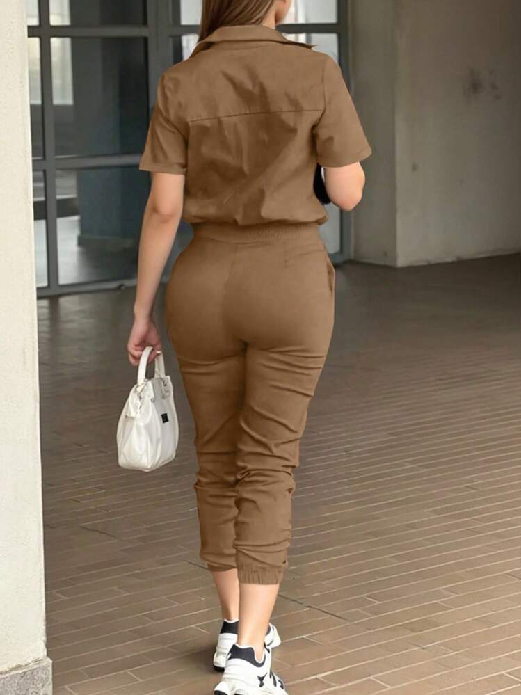 Bộ đồ liền thân tay ngắn cài nút cỡ chuẩn dành cho nữ, quần yếm thường ngày - Màu Khaki - Xem 2