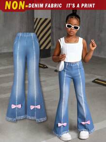 1pc Girls' Casual Cute Denim Effect Bow Print Flare Pants, Spring/Summer
