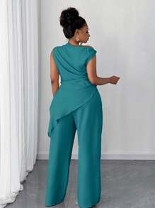 Maweii 2pcs Women Casual Asymmetrical Collar Solid Color Top And Pants Set - Teal Blue - View 2