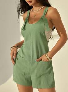 SHEIN PETITE Mono de unicolor de moda sin mangas, adecuado para el verano - Verde - Ver 7