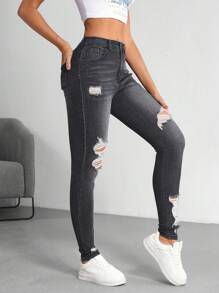 SHEIN Tall Women's Distressed Ripped Denim Jeans, Fashionable For Summer - Black - View 6