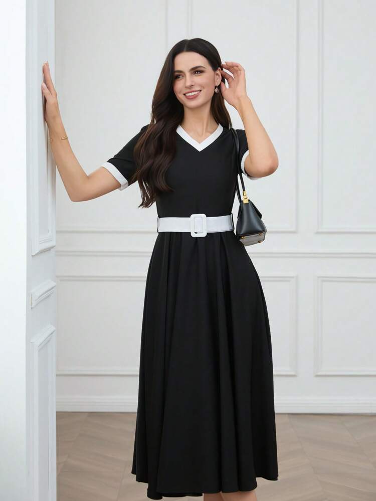 Women's Colorblock V-Neck Short Sleeve Elegant Mid-Calf Dress Black Dresses Classy Elegant Summer Dresses For Women Birthday Dresses For Women