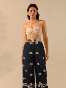 CAJUNI Quần ống rộng họa tiết cây dừa nhiệt đới Bohemian dành cho nữ, quần đi biển mùa hè thường ngày - màu đen - Xem 5